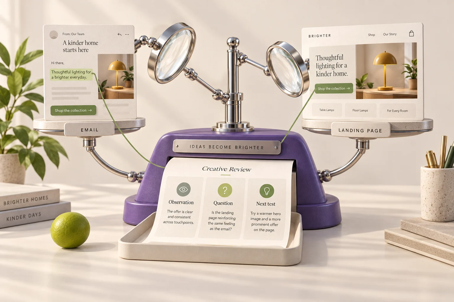 Sculptural illustration of analytics & insights, connecting company materials with marketing outputs.