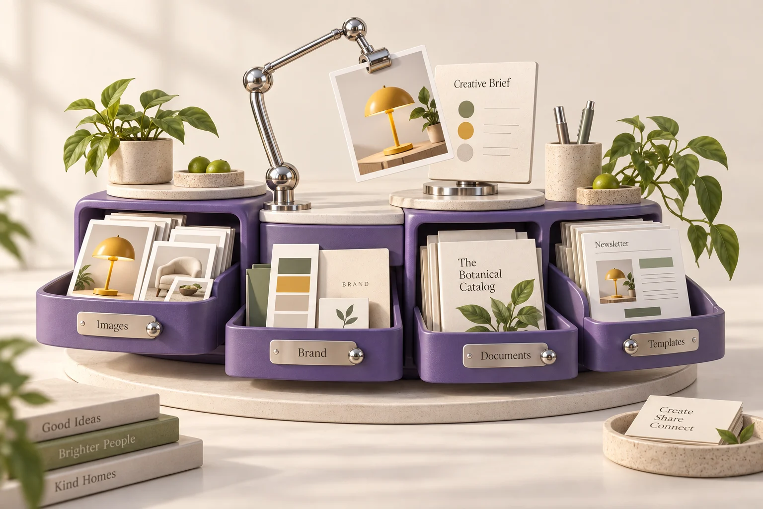 Sculptural illustration of asset library, connecting company materials with marketing outputs.