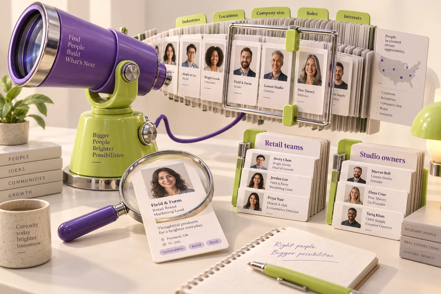 A violet discovery instrument brings relevant audience profiles into focus.