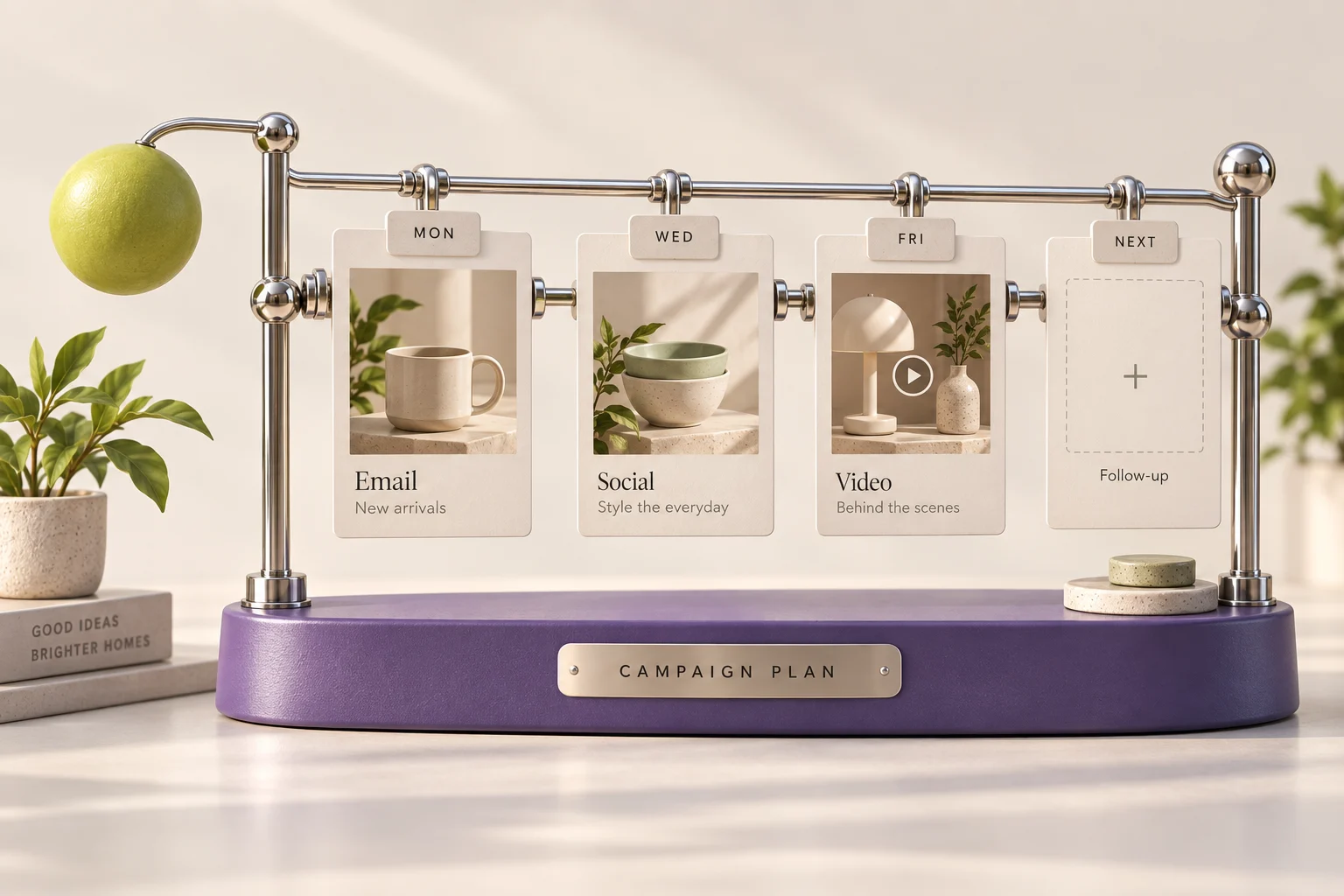 Sculptural illustration of marketing calendar, connecting company materials with marketing outputs.