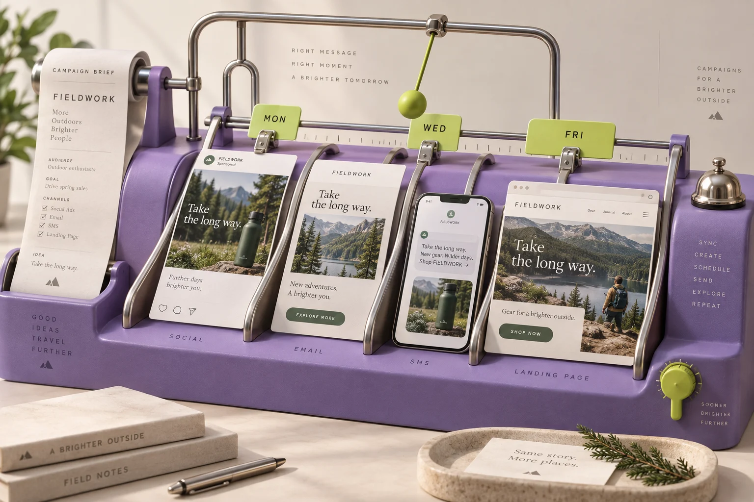 A violet dispatch console coordinates a campaign across email, social, SMS, and web.