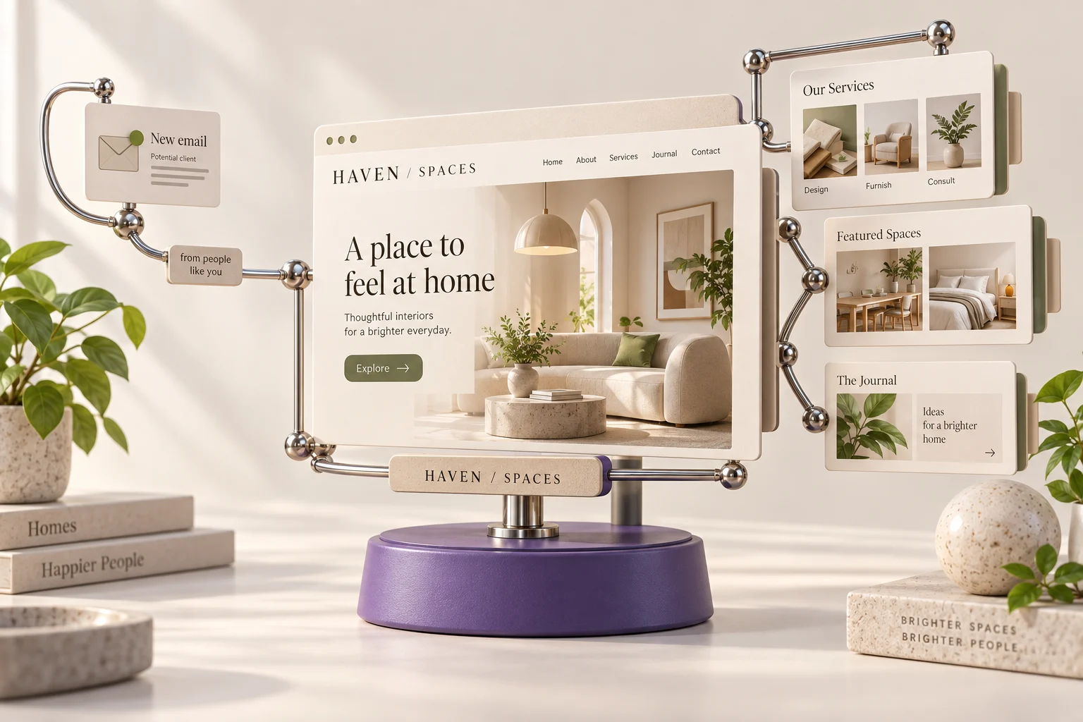 Sculptural illustration of dashsites, connecting company materials with marketing outputs.