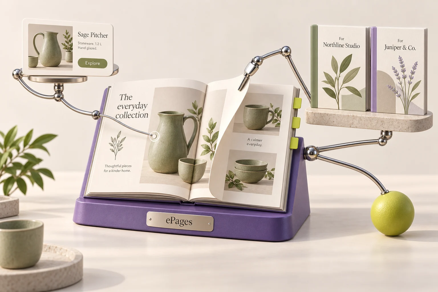 A violet catalog machine turns an open ceramics collection into a linked product page and personalized covers for Northline Studio and Juniper & Co.