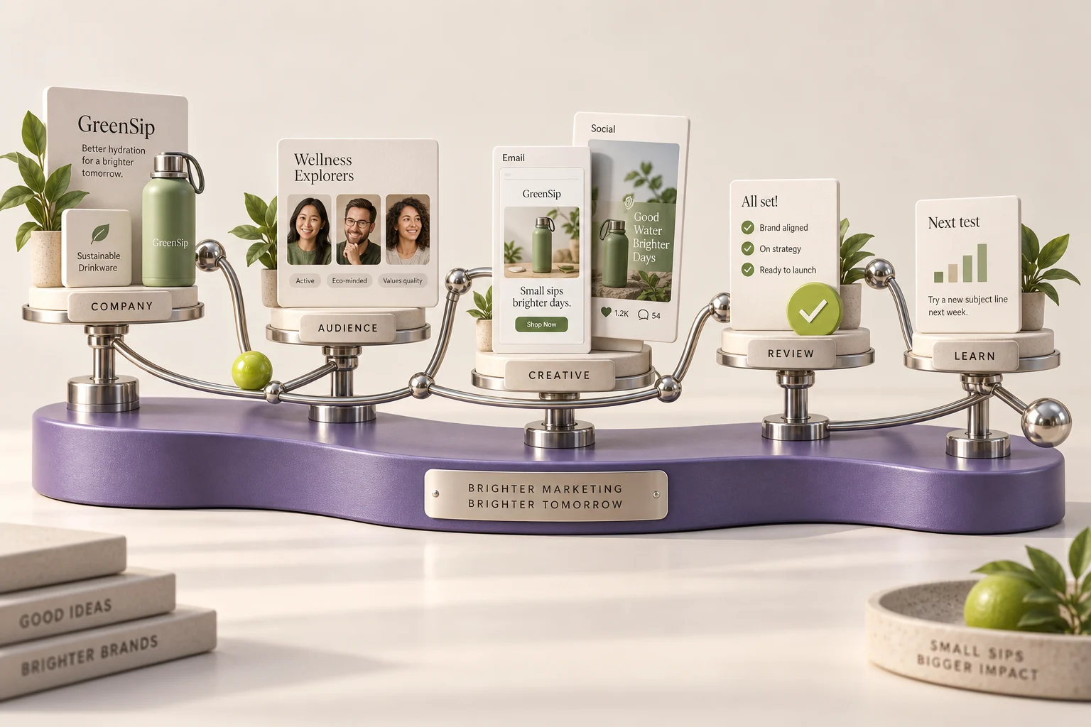 Sculptural illustration of how it works, connecting company materials with marketing outputs.