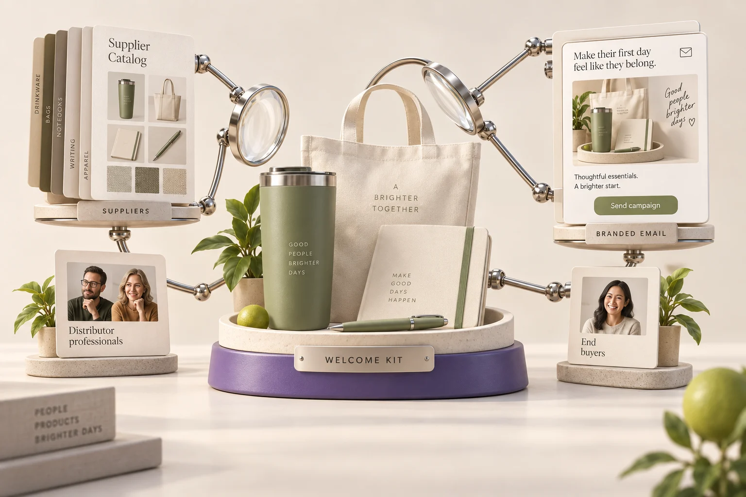 Sculptural illustration of promotional products, connecting company materials with marketing outputs.
