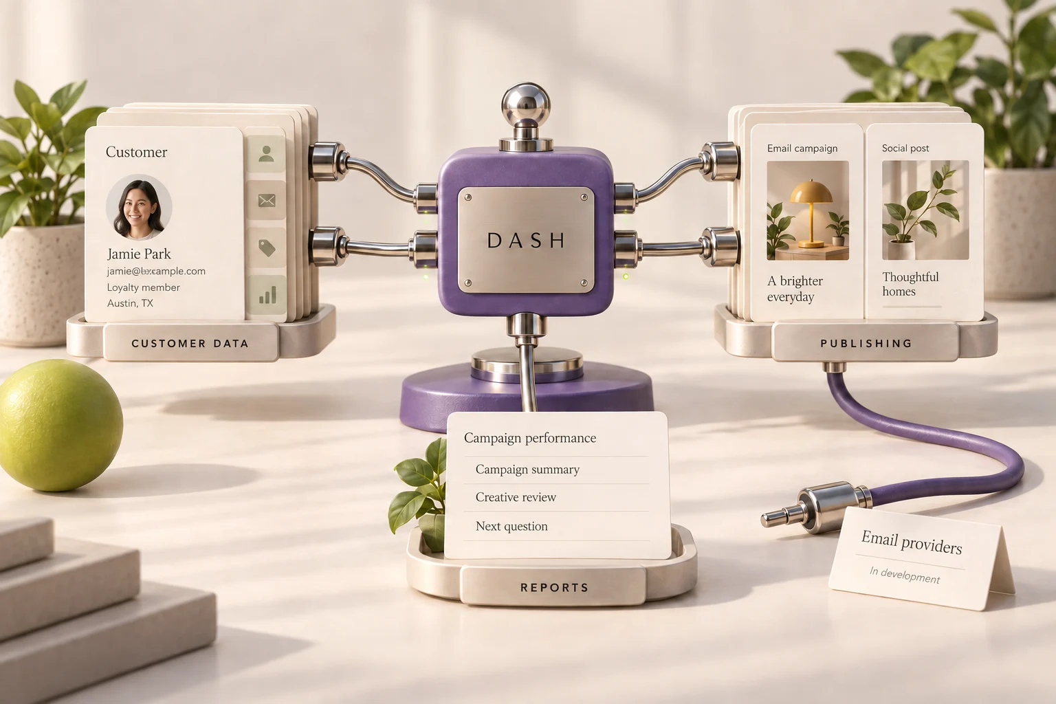Sculptural illustration of integrations, connecting company materials with marketing outputs.