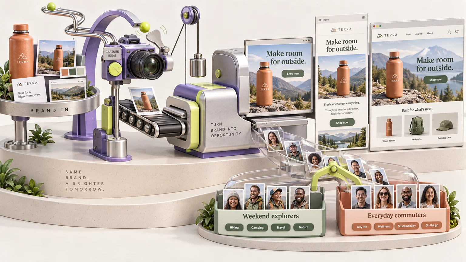 A playful violet and lime machine turns a bottle brand into a coordinated ad, email, landing page and two audience segments.