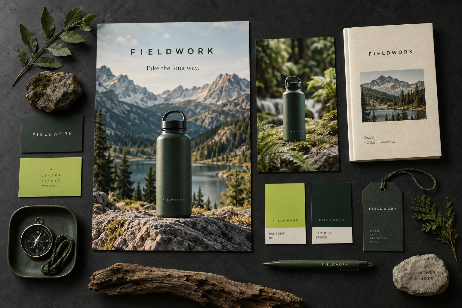 Preserved FIELDWORK campaign collection with drinkware, outdoor photography, a catalog, and brand materials.