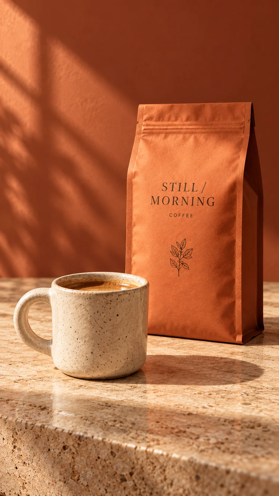 Coffee cup and STILL / MORNING coffee bag in warm morning light.