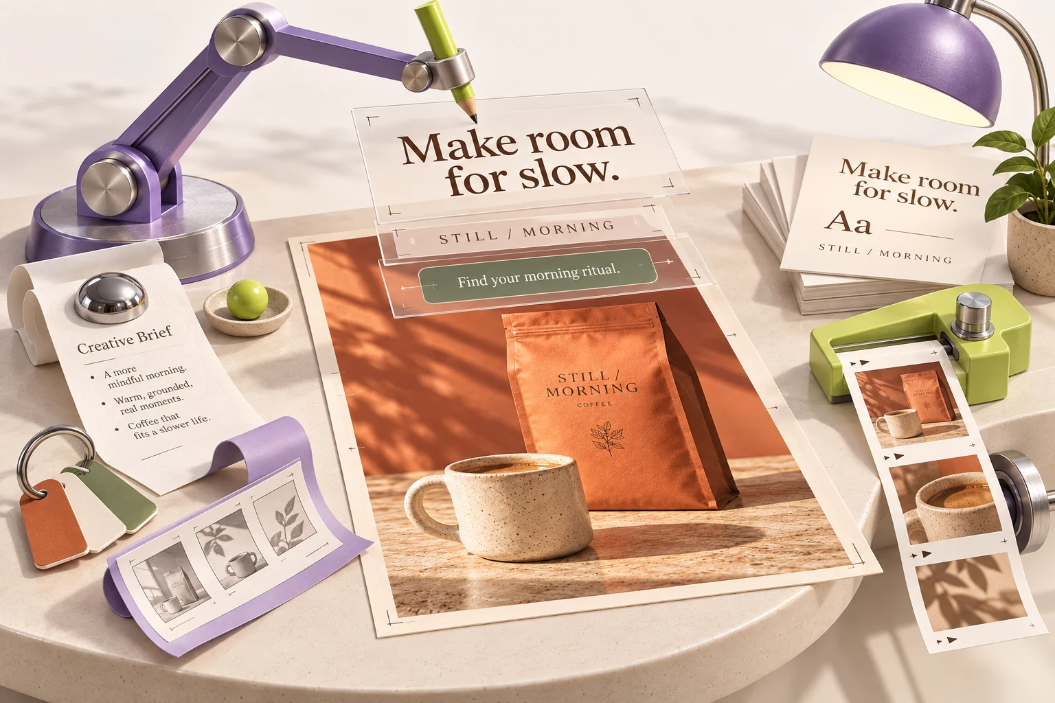 An imaginative violet drafting arm assembles separate headline, brand and call-to-action layers above a coffee campaign, surrounded by a brief, swatches, and a filmstrip.